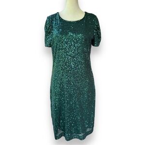 DKNY Emerald Green Stretch Sequin Short Ruched Sleeve Cocktail Dress | Small